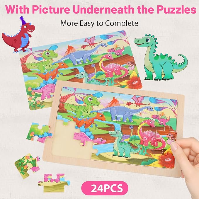 4-Pack Wooden Puzzles for Kids Ages 4-6, 24 Piece Animal Dinosaur Marine Farm Jigsaw Puzzles, Preschool Toddlers Learning Activity Puzzles Toys for Boys Girls 3 4 5 6 Years Old