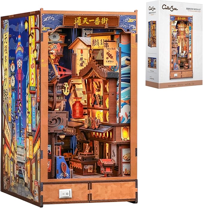 CUTEBEE Book Nook Kit - DIY Miniature House Japanese Street Diorama, Fold-Out Dollhouse Booknook for Adults, Tiny House Bookshelf Decor 3D Wooden Puzzle Gifts (Tsutenkaku Ichiban Street)