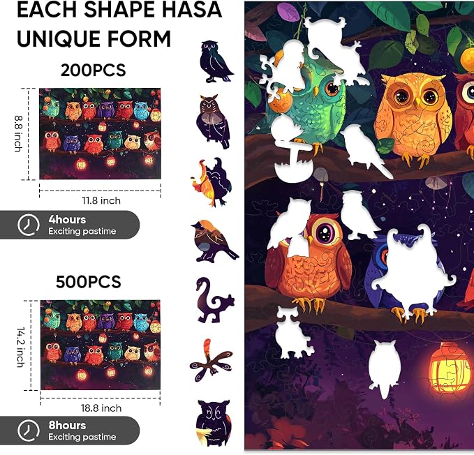 Ixfyloop Owl Puzzles Wooden Puzzles for Adults for Adults, Wood Puzzles Adult Wooden Jigsaw Puzzles for Adults, Irregular Unique Shaped, Wood Puzzles for Adults Wooden Gift 500PCS 14.2x18.8 inch
