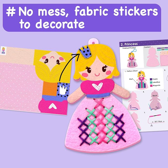 EZCRA Beginner Needlepoint Cross Stitch Kit for Kids Ages 5-8 - Princess Easy Embroidery Starter Set with Jumbo Plastic Needles, Pre-Printed Patterns, Instructions - DIY Arts & Crafts for Girls & Boys