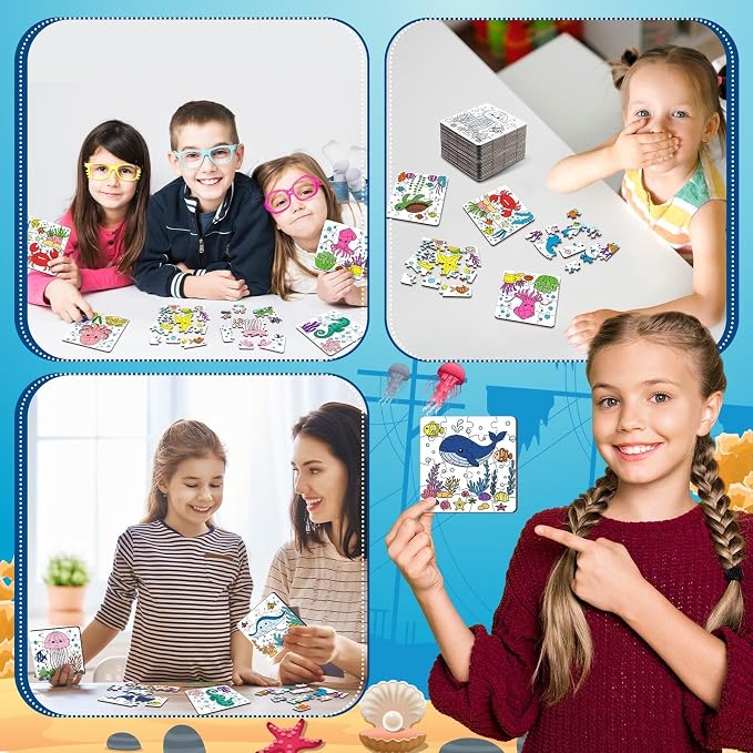 Realspring 24 Pack Under The Sea Color Your Own Jigsaw Puzzles for Kids 3-5, 4-6, 6-8, Coloring Crafts DIY Paper Puzzles Party Favors Gifts for Toddler Children Learning Education Toys