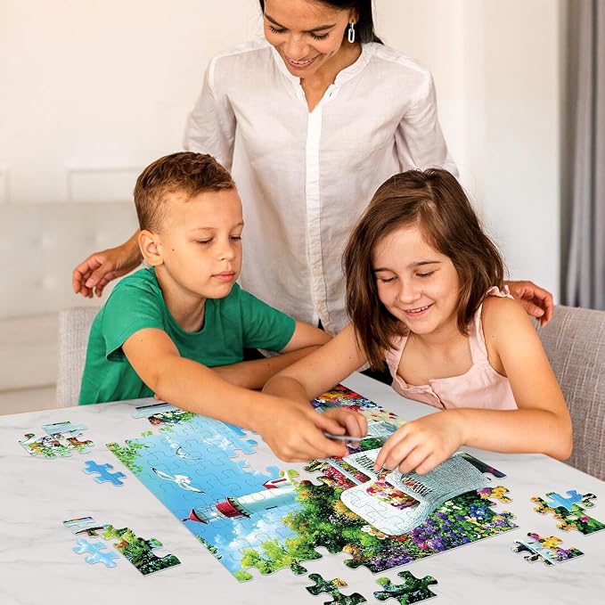 Jeacirio 100 Piece Puzzles for Adults and Seniors, Lighthouse Coastal Jigsaw Puzzle, Colorful Ocean View with Flowers and Seaside Garden, Easy Beginner Puzzle, Large Piece Puzzle Gift for Older Adults