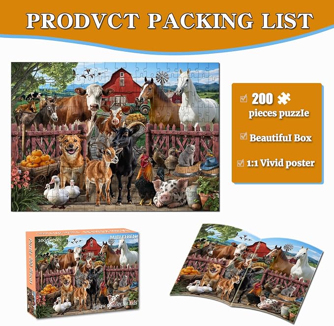 Puzzles for Kids Ages 6-8 – 200 Piece Farm Animals Puzzle for Kids Ages 8-10 – Fun and Educational Gift for Boys and Girls