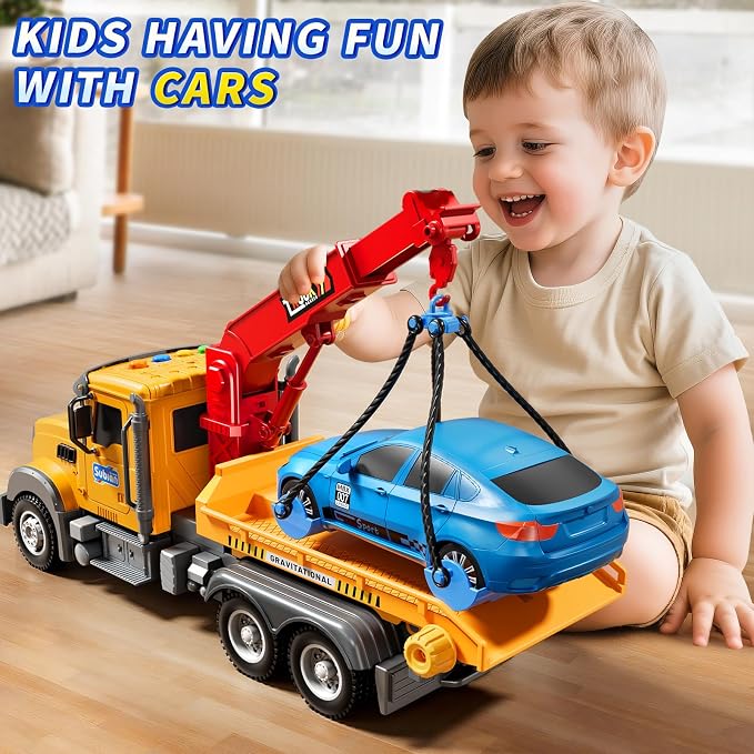 JUKUDAHU Tow Trucks for Toddlers 2-4 Years Old - Flatbed Truck Toy for Kids Aged 3-5 4-8,Friction Powered Transport Crane Toy with Light and Sound, Racing Car, Birthday Gifts for Boys Girls