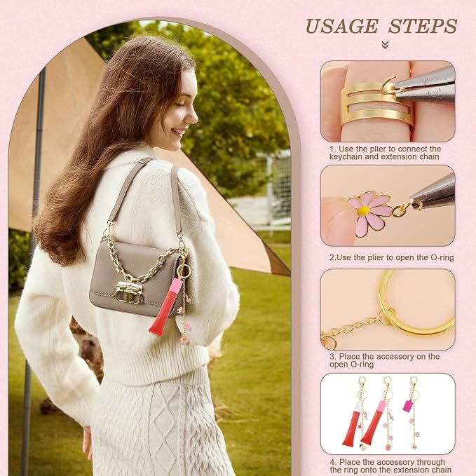 Pengxiaomei 135 Pcs DIY Keychain Making Kit for Women, 4 Pcs Lip Gloss Keychains Cap for Summer Fridays Personalized Mothers Day Gifts Bag Charm Kit with Pink Ornaments Jewelry Accessory