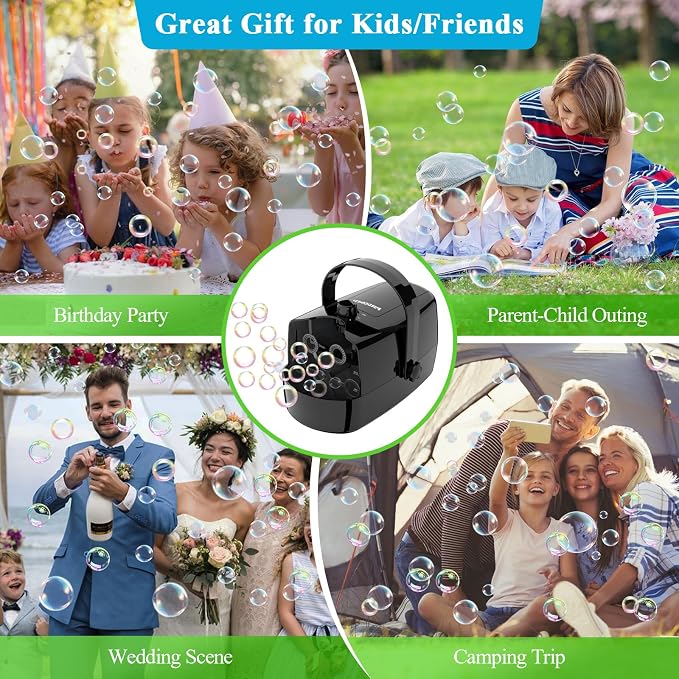 Wisdomlit Bubble Machine, 3-in-1 Bubble Maker, Bubble Blower with 3 Bubble Wheels, Make Small | Medium | Big Bubbles for Kids Toddlers, Bubble Toys for Indoor Outdoor Birthday Party (Black)
