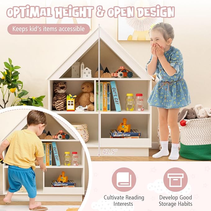Costzon Kids Dollhouse Bookshelf, 3-Tier Wooden Open Bookcase for Toys and Books, Baby Bookshelf and Toy Storage Organizer, Book Shelf for Kids Rooms, Playroom, Nursery, Classroom (White)