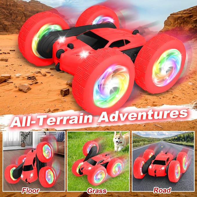 Remote Control Car, Outdoor Toys RC Cars for Kids Ages 6-12, 4WD Double Sided Stunt Vehicle with Upgraded USB-C Modular Batteries, 5 6 7 8 9 10+ Year Old Boy Birthday Red