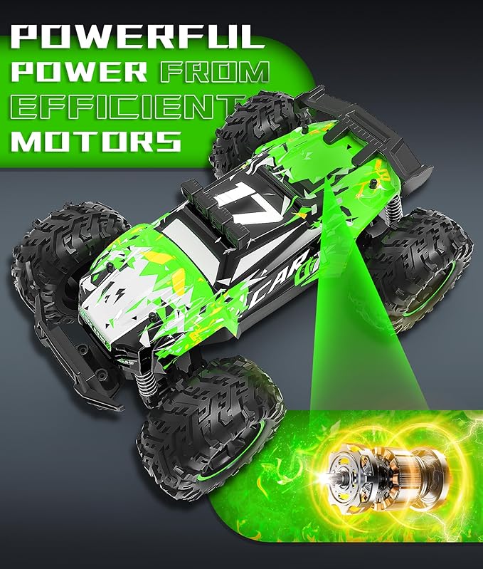 Carox Remote Control Car, 2.4GHz 26KM/H High Speed RC Car, 1:18 Off-Road Monster Truck with LED Lights, Proportional Throttle & 1800mAh Rechargeable Batteries – Ideal Gift for Boys 6+ (GRE)