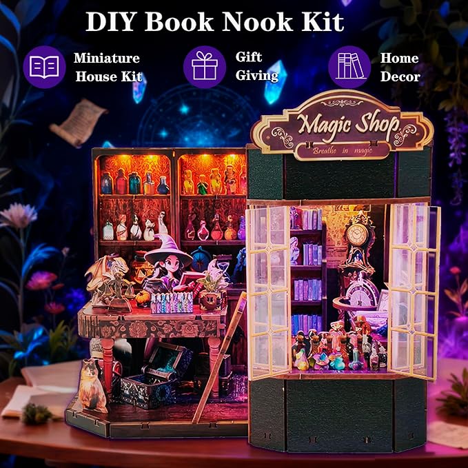 Magic Shop Book Nook Kit - DIY Miniature House Dollhouse Kit for Adult and Teens, Tiny House Bookshelf Decor 3D Wooden Puzzle with LED Lighting, Gifts for Family, Friends (Magic Shop)