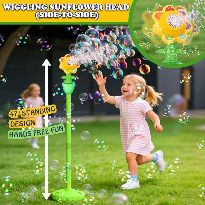 AIERSA Flower Bubble Stand Machine,Sunflower Bubble Maker with Lights, Tall Adjustable Rechargeable Automatic Bubble Blower for Outdoor Backyard Party