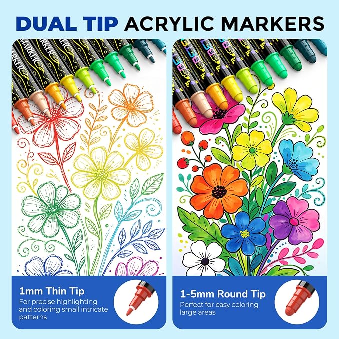 Betem 120 Colors Dual Tip Acrylic Paint Markers, Fabric Decorating Kits Premium Water-Based Acrylic Paint Pens Art Supplies for Fabric, Rock, Wood, Glass, Canvas, Ceramic, Teacher Appreciation Gift