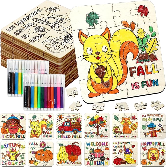 Fall Thanksgiving Wooden Crafts for Kids Autumn Activities Kit Blank Puzzle | 24 Set Thanksgiving wood Jigsaw leaf Turkey Fall Harvest Party Favors Classroom Gift Arts DIY Coloring Game Toy Supplies Bulk