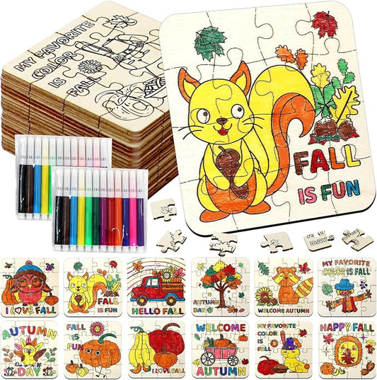 Fall Thanksgiving Wooden Crafts for Kids Autumn Activities Kit Blank Puzzle | 24 Set Thanksgiving wood Jigsaw leaf Turkey Fall Harvest Party Favors Classroom Gift Arts DIY Coloring Game Toy Supplies Bulk