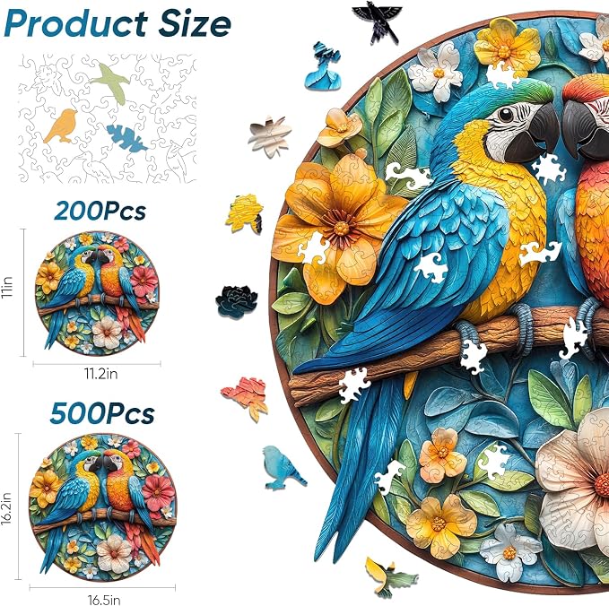 Mys Aurora Wooden Puzzles for Adults Round Parrots Jigsaw Puzzles, 200 Pieces 5MM Thick, Unique Shaped Colorful Bird Puzzle Family Game Gift for Adults and Kids, 11 x 11.2 Inch