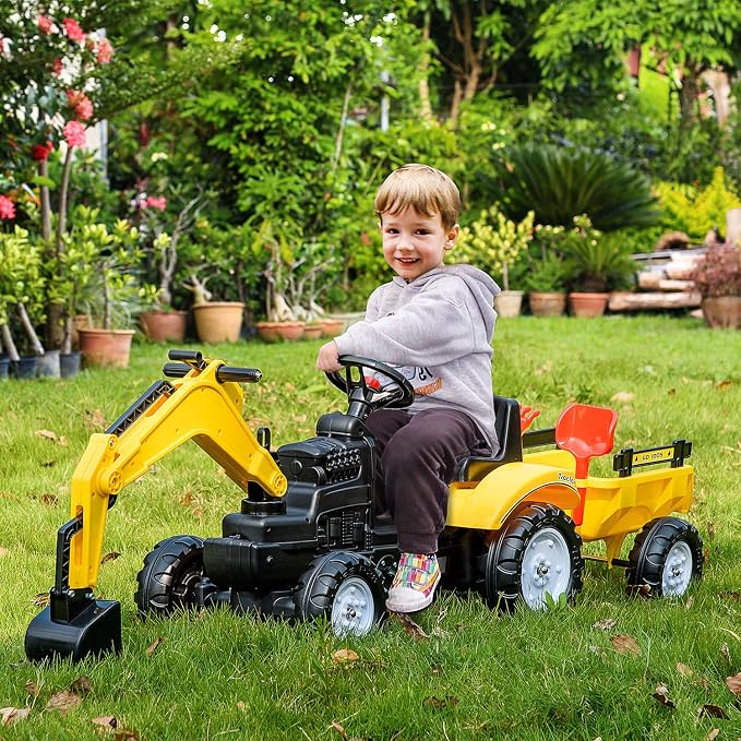 Aosom Digger Ride-on Truck Kids Car with Horn, Excavator Ride-on Toy, Imaginative Toy Construction Car, 6 Wheels & Detachable Trailer, Yellow