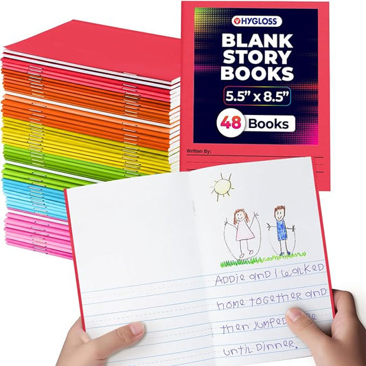 Hygloss Half Blank Books for Kids to Write Stories & Illustrate – Bulk 48 Pack – 5.5" x 8.5" A5 Primary Journal for Grades K-2, Preschool/Kindergarten Notebook with Picture Space – 24 Pages, Colored