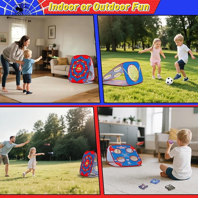 4-in-1 Spider Bean Bag Toss Game for Kids, Kids Cornhole Game Set Indoor Outdoor Toys for Boys Girls Ages 3-8, Football Toss Sticky Ball Dart Game, Backyard Lawn Beach Birthday Party Gift