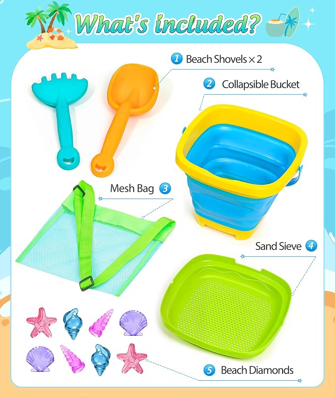 DUDUCOFU Collapsible Beach Sand Toys for Kids Toddlers, Collapsible Sand Buckets Sifter and Shovels Rake Diving Gem Pool Toy Set with Mesh Bag, Travel Beach Vacation Essentials Toys for Boys Girls