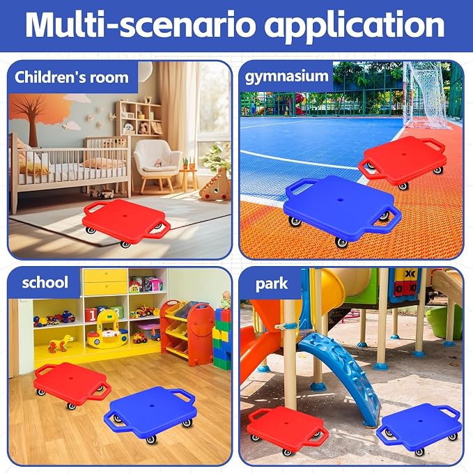 2 Pcs Sports Scooter Board with Handles Colored Floor Sitting Scooter Board with Plastic Casters for Kids Gym Indoor Outdoor Activities Play Equipment