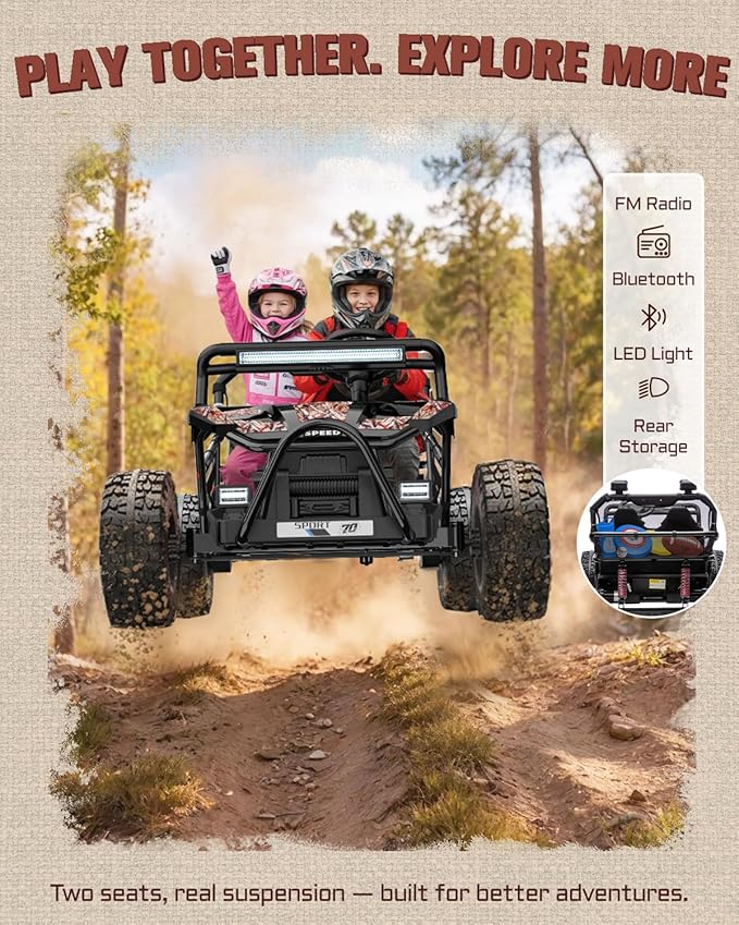 First Ride On 36V Kids Ride On UTV, 2-Seater 400W Electric Car for Kids 6+, 5-8 MPH Speed, 14" EVA Wheels, Metal Frame, Bluetooth Music, Rear Metal Suspension Off-Road Vehicle (Black Camo)