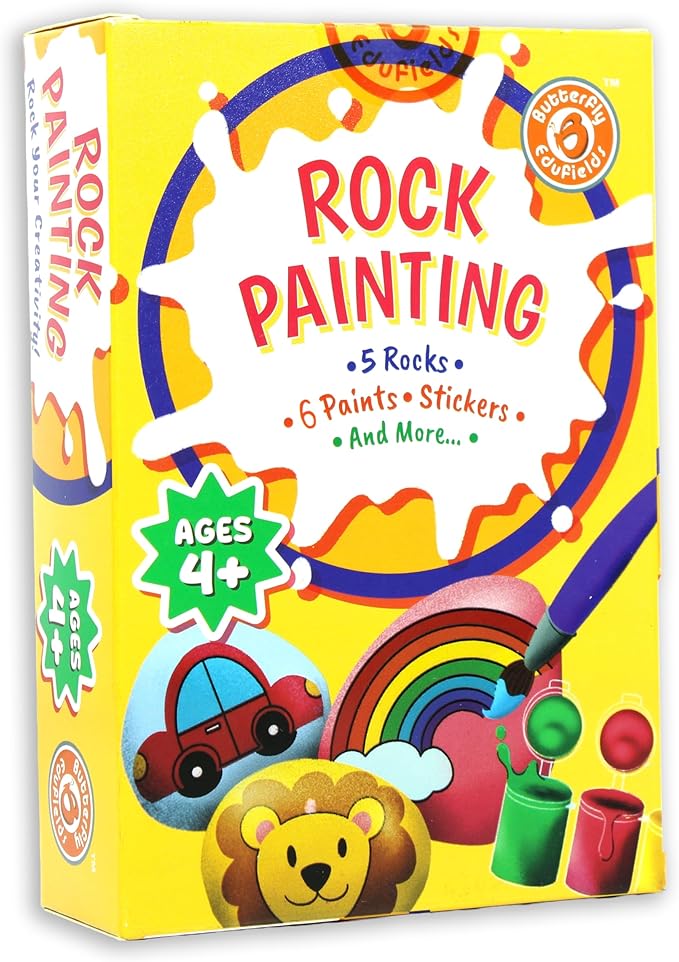 Butterfly EduFields Rock Painting Kit | DIY Art Craft Supplies for Girls & Boys Ages 4-12| Arts & Crafts Gift for Kids Ages 5 6 7 8 9 10 Years | 5 Rocks, Paints, Brushes, Stickers, Googly Eyes & Gems