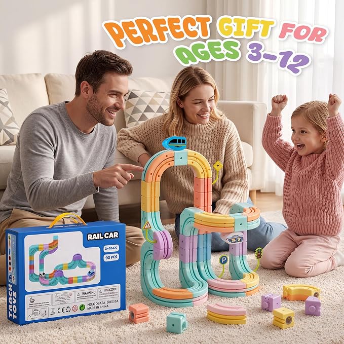 Hot Bee Electric Train Set for Kids, Gravity-Defying 3D Train Track Set with 93PCS Flexible Snap-On Tracks, USB Rechargeable Motorized Car, STEM Building Toy Birthday Gifts for Boys Girls 3 4 5 6 7 8+