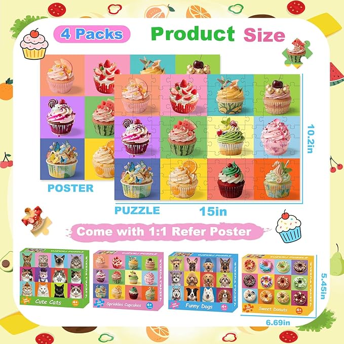 Puzzles for Kids Ages 4-6 6-8 8-10 Year Old, 4 Packs 100 Piece Dogs Cats Cupcakes Donuts Educational Jigsaw Puzzles, Learning Educational Kid Jigsaw Puzzles Gifts for Girls and Boys