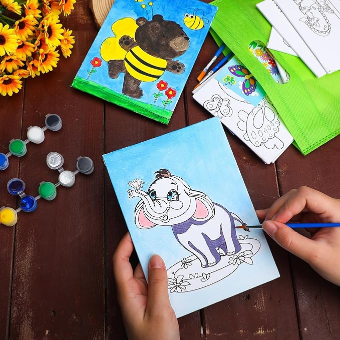 Tenceur 48 Pcs Kids Paint Party Favors Sets with 12 Pcs Animals Oceans Pre Drawn Canvas Panel and Wooden Easel Set Paint Pots and Brushes 12 Mini Apron and Tote Bag for Kids Girls Student Boys