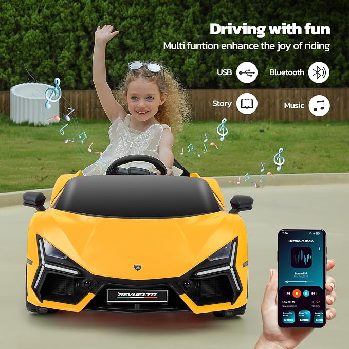 ELEMARA Lamborghini Kids Car with Scissor Door, Ride On Toys with Remote Control, 12v Kids Electric Car with Bluetooth, LED Light, MP3 Player and Wide Seat, Lemon Yellow