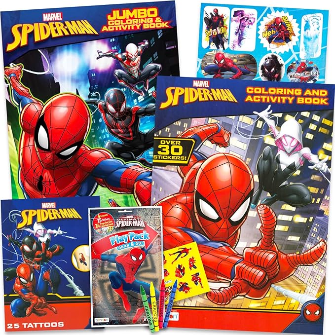 Marvel Spiderman Ultimate Coloring Book Set - 3 Spiderman Activity Books with Spider-Man Tattoos and Stickers