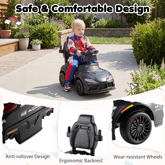Costzon Push Car for Toddlers, 3 in 1 Toyota Licensed Stroller Sliding Walking Car w/Handle, Music, Safety Guardrail, Under-Seat Storage, Foot-to-Floor Kids Ride On Toys for Boys Girls (Black)