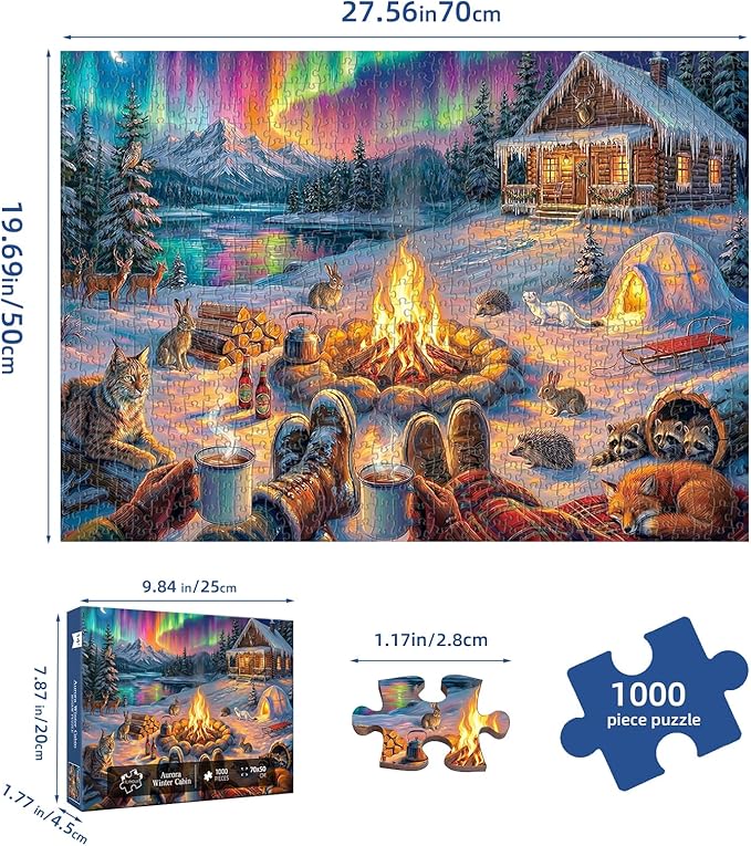 Aurora Winter Cabin Puzzles for Adults 1000 Pieces,Impossible Hard Challenging Jigsaw Puzzles for Adults,Puzzle with Letters on Back Games,Peaceful Snowy Escape Wall Art Decor,Gifts for Boys Girls