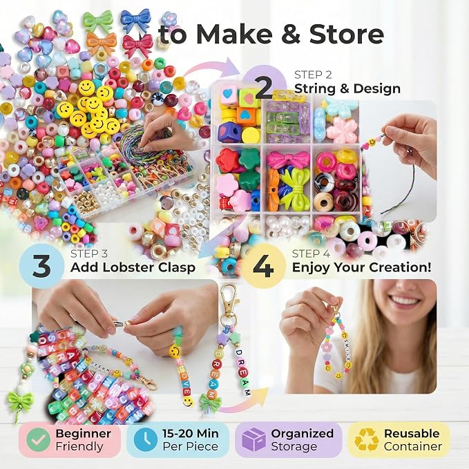 YOJO DIY Keychain Making Kit for Women & Girls, Personalized Jewelry Craft Supplies, Creative Arts and Crafts Set for Bag Charms, Phone Straps & Gifts (421Pcs)