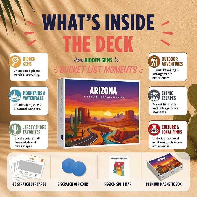 Arizona Bucket List Scratch Off Cards - 40 Adventure Cards with Region Split Map, Hidden Gems, Scenic Escapes & Local Favorites - Travel Gift for Couples, Families, Friends & Tourists