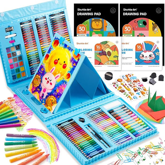 Shuttle Art 335 Piece Kids Art Set, Multi-Media Art Supplies, Gift Art Kit with Trifold Easel, 2 Drawing Pads, 2 Coloring Books, Oil Pastels, Crayons, Watercolors, Markers, Colored Pencils (Blue)