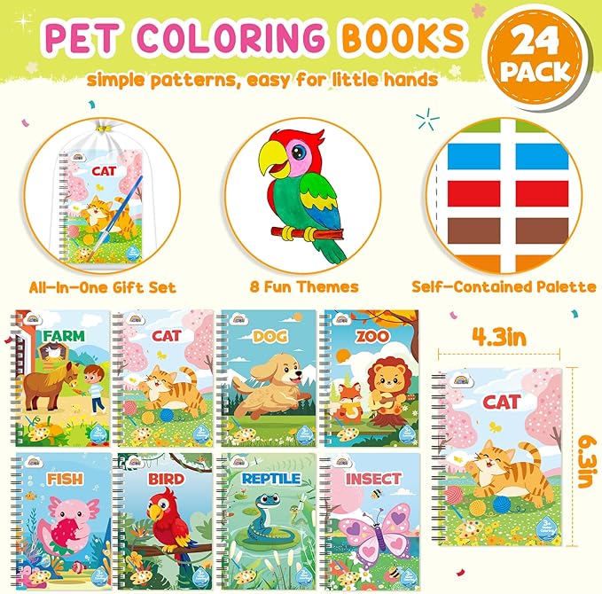 ZMLM 24 Water Coloring Books for Kids Party Favors - Bulk Mini Coloring Books for Kids Ages 4-8,Small Birthday Goodie Bag Stuffers School Teacher Return Gift Art Crafts Classroom Prizes (Pet)