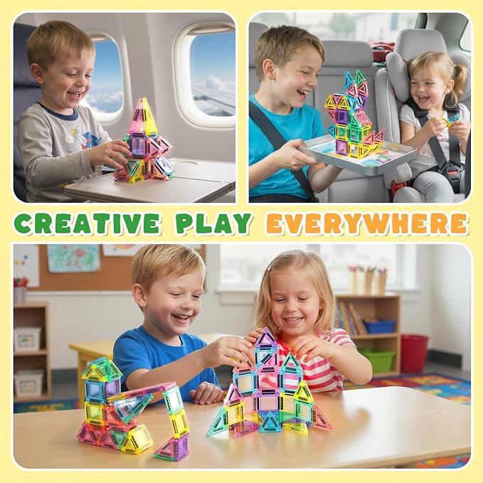 3 otters Travel Magnetic Tiles with Case, 44PCS Mini STEM Toys Travel Magnetic Building Blocks for Kids Birthday Party Gift Classroom Prize