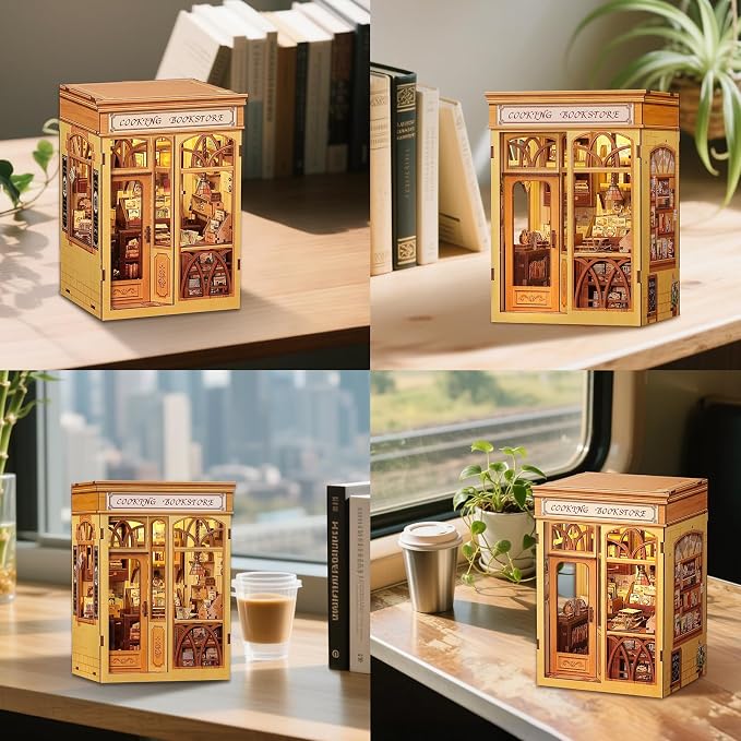 Fsolis Book Nook Kit - DIY Miniature House Kit | Bookshelf 3D Wooden Puzzles for Adult Booknook Gifts for Women Teenagers (Cooking Bookstore)