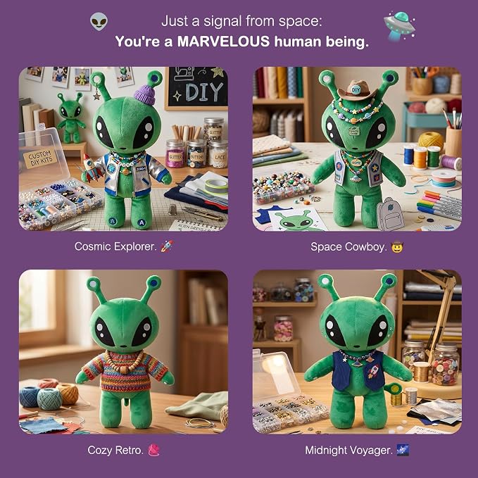 51-PCS Alien Plush Toy Set | 1 Green Alien Plush + 50 Space Themed Stickers | DIY Cosplay Ultra Soft Stuffed Alien Creature Figure | Cute Stuffed Animal Pillow | Ideal Gift for Sci-Fi Lovers Decor