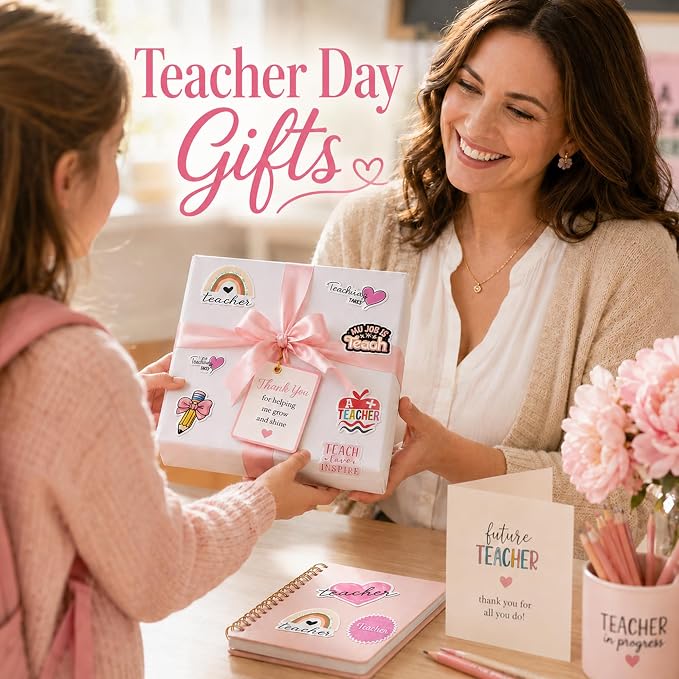 QTL Teacher Stickers for Teachers Students, Teacher's Day Party Supplies, Waterproof Vinyl Stickers for Water Bottles and Laptop, 50PCS