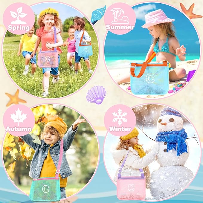 3Pcs Personalized Kids Beach Shell Bag, Initial Seashell Mesh Zipper Beach Pouch, Shell Collecting Bag for Holding Shells with Adjustable Straps, Sand Toys Swim Pouch Gift for Girl Boy Teens(Letter C)