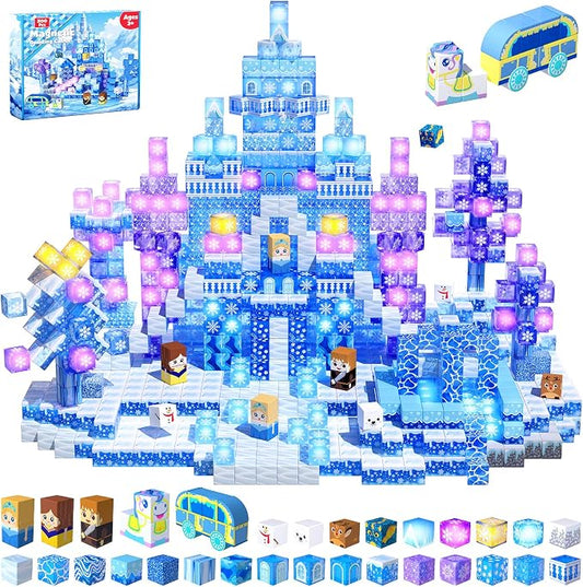 200 PCS Light Up Magnetic Blocks, Transparent Magnetic Building Block for Blue Snow Princess Castle, Frozen Magnet Cubes STEM Toys for Girls Age 3 4 5 6 7 8 9 10 11 12 13 Birthdays Gift for Kids