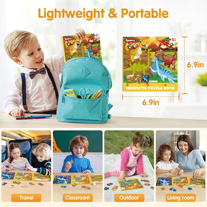 SYNARRY Magnetic Dinosaur Puzzles for Kids Ages 3-5, 20 Pieces Puzzles for Toddlers 4-6, Easter Basket Stuffers Gifts for Kids, Car Airplane Road Trip Activities Magnet Games Toy for Boys Girls