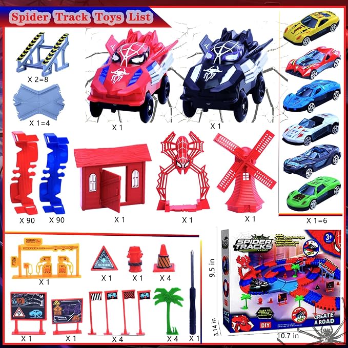 Spider Toys for Kids, 221 PCS Boys Spider Race Track with 6 Alloy Cars Toys, DIY Monster Truck Flexible Tracks for 3 4 5 6 Year Old Toddler Birthday Party Favor Gift