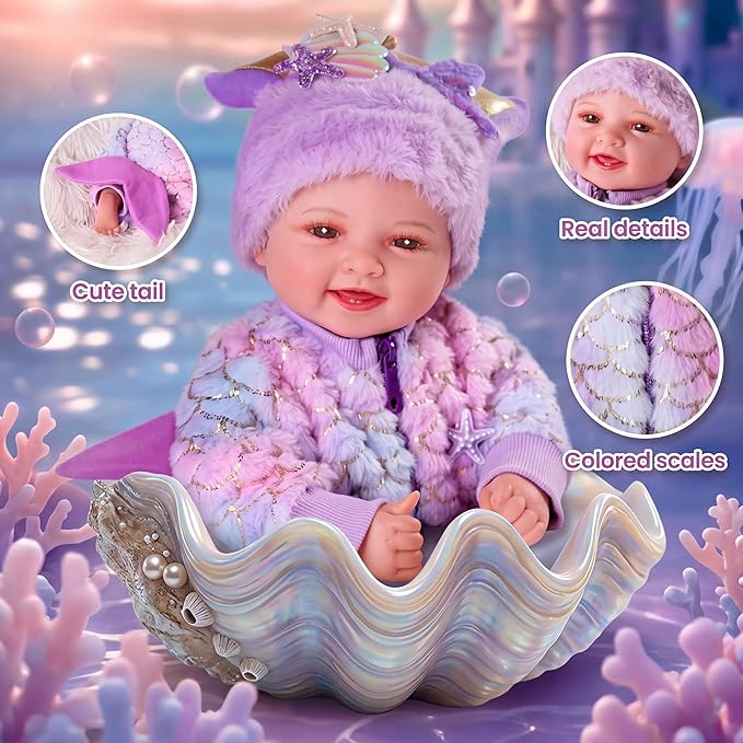BABESIDE Mermaid Baby Doll Girl, 17-Inch Realistic Soft Baby Dolls with Shiny Mermaid Tail & Accessories, Cute Mermaid Toys for Girls Ages 3+ Kids, Christmas, Birthday