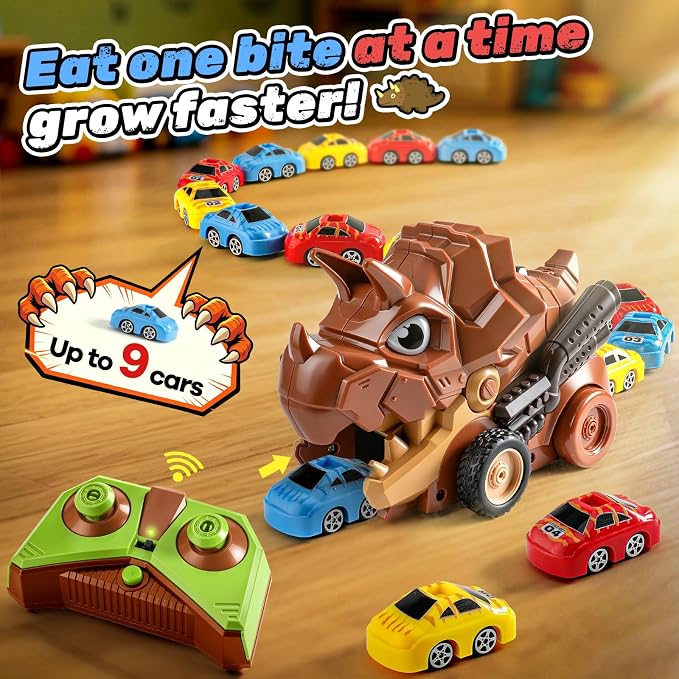 Remote Control Dinosaur Truck Toy Eat Cars for Kids 3-7 | RC Triceratops, 9 Mini Magnetic Cars, 2 Speed, 2.4G Rechargeable, Birthday Holiday Gift for Dino & RC Cars Lover