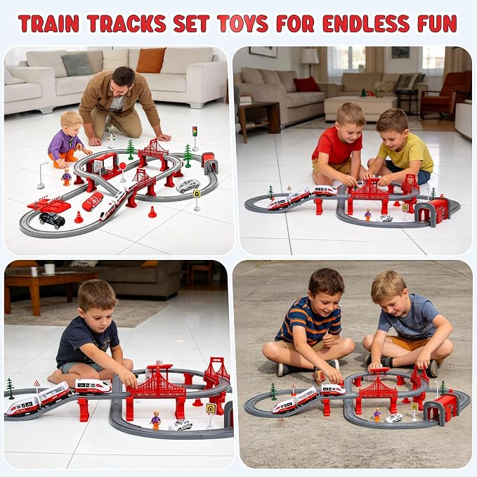 Wdmiya Train Sets for Toddlers, 104 Pcs Trains Toy with Battery Operated & Tracks (Magnetic Connection), Compatible with Thomas, Brio, Christmas Toy Gifts for 3 4 5 6 7 8 Years Old (City Red 104 Pcs)