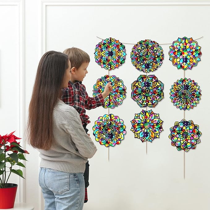 Tinlade 18 Pack Color Mandala Window Clings DIY Kit Stained Glass Kits for Adults Suncatchers for Windows Arts and Crafts DIY for Adults Mandala Sun Catcher for Beginner Teens, 6 x 6 Inches(Colorful)