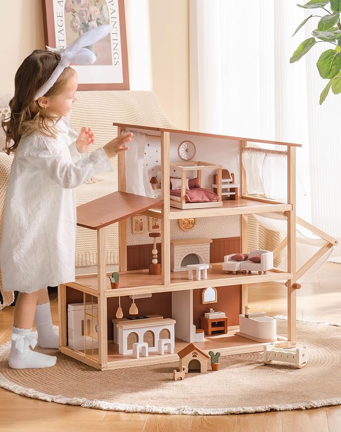ROBUD Doll House - Wooden Bohemian Dollhouse with Realistic Design, Includes 37 Pieces of Furniture & Accessories for Kids Ages 3+
